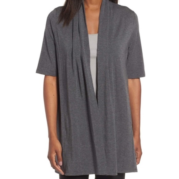 EILEEN FISHER  gray open stretchy knit tencel modal long open cardigan M petite - Picture 1 of 7